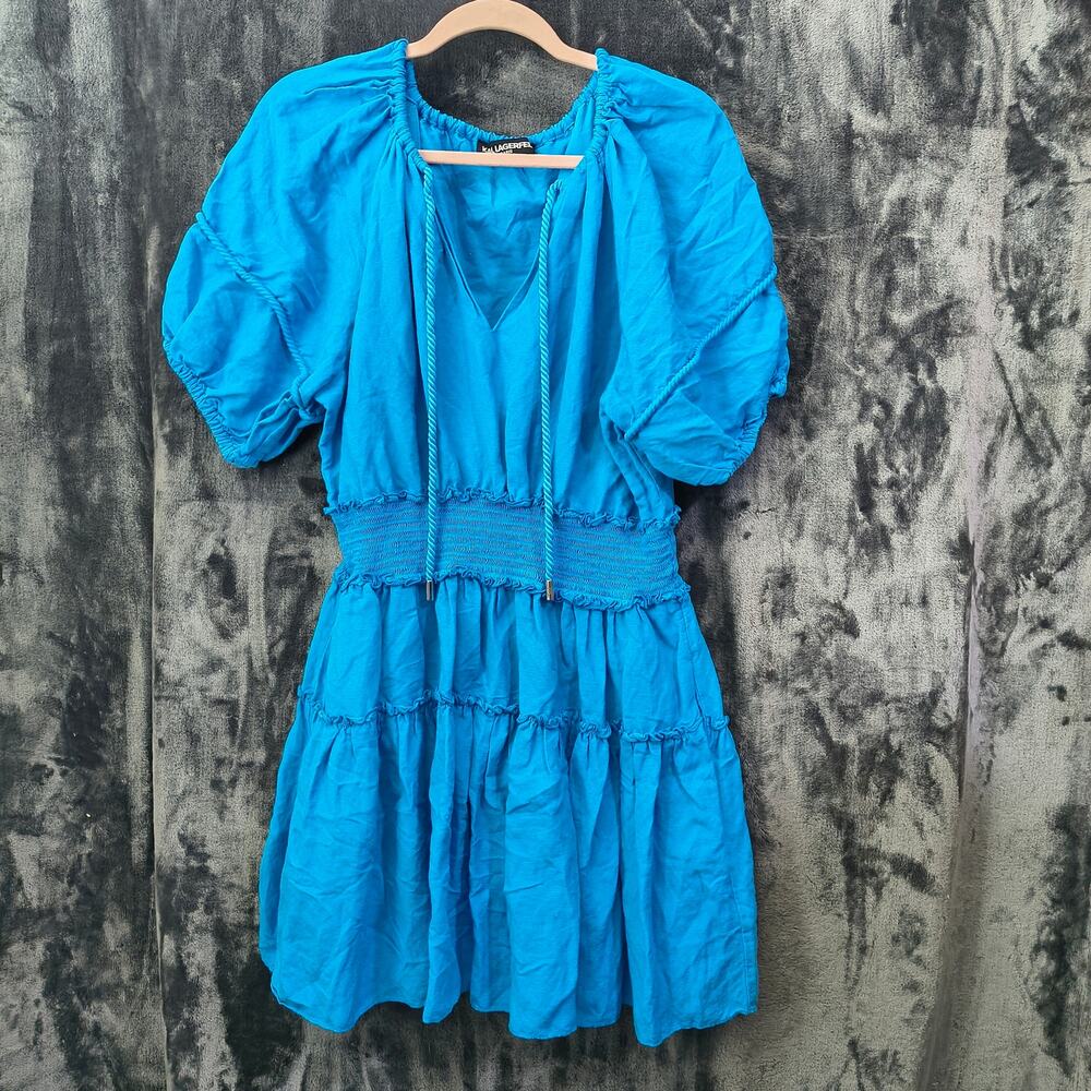 Karl Lagerfeld Blue Tie Neck Smocked Puffed Sleeves BOHO Waist Dress 14